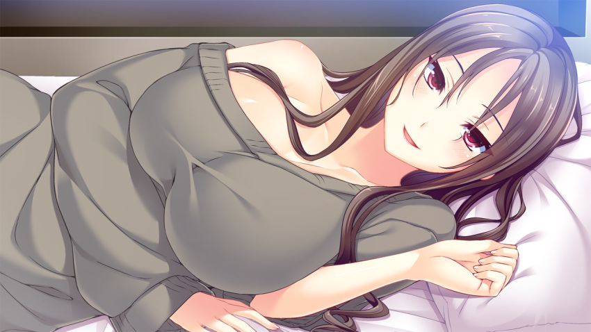 1girl, ane_yome_quartet, ayase_hazuki, bed, blush, breasts, brown_hair, collarbone