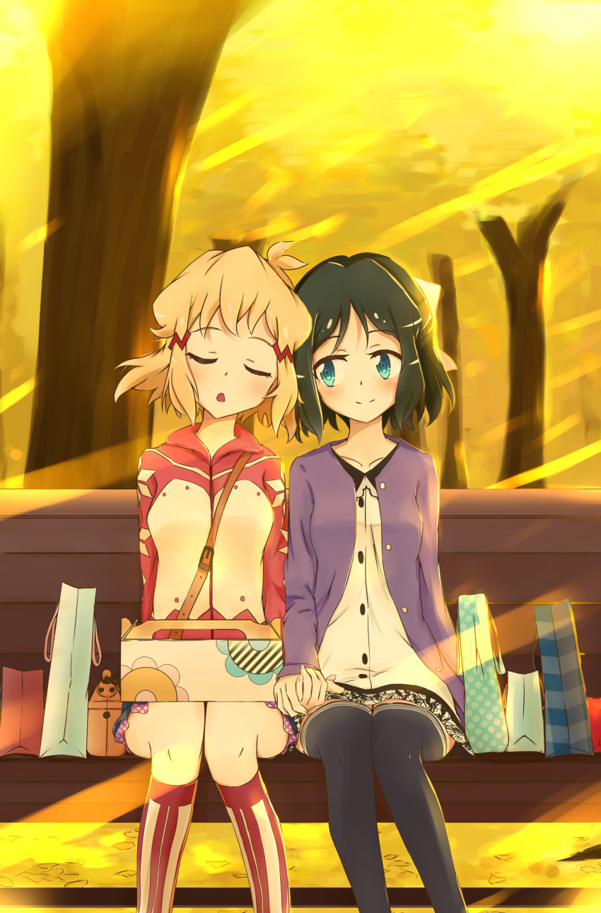 2girls, bag, bench, blonde_hair, blush, couple, green_hair, hair_ornament