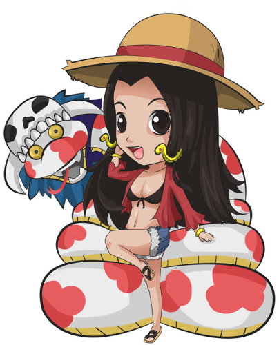 1girl, ari_rayoko, boa_hancock, chibi, hat, monkey_d_luffy_(cosplay), one_piece, salome_(one_piece)