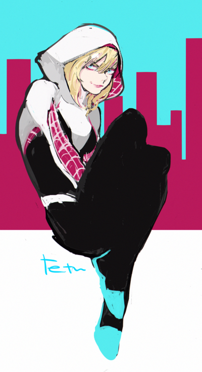 1girl, blonde_hair, blue_eyes, bodysuit, gwen_stacy, hood, hoodie, marvel