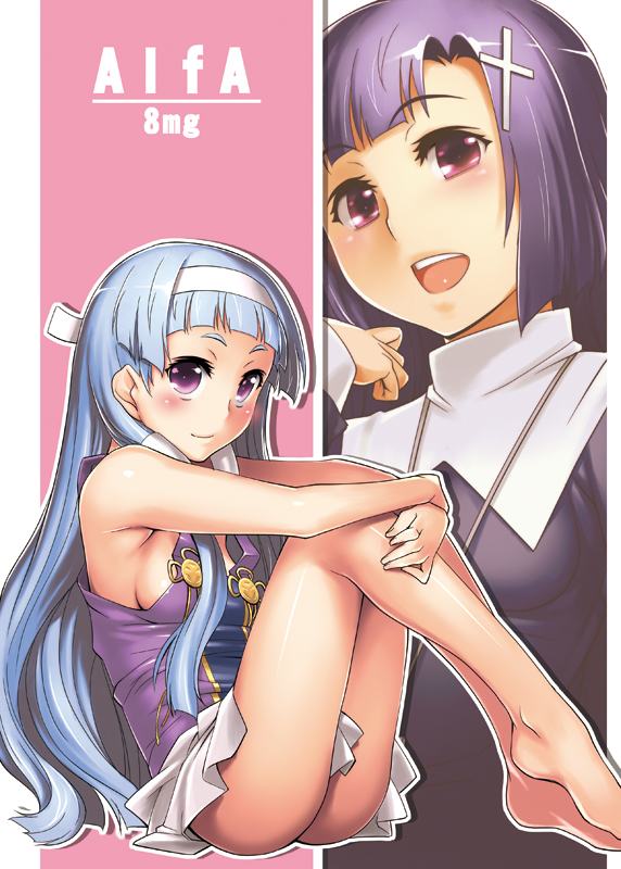 ass, bangs, bare_shoulders, barefoot, blue_hair, blunt_bangs, blush, breasts