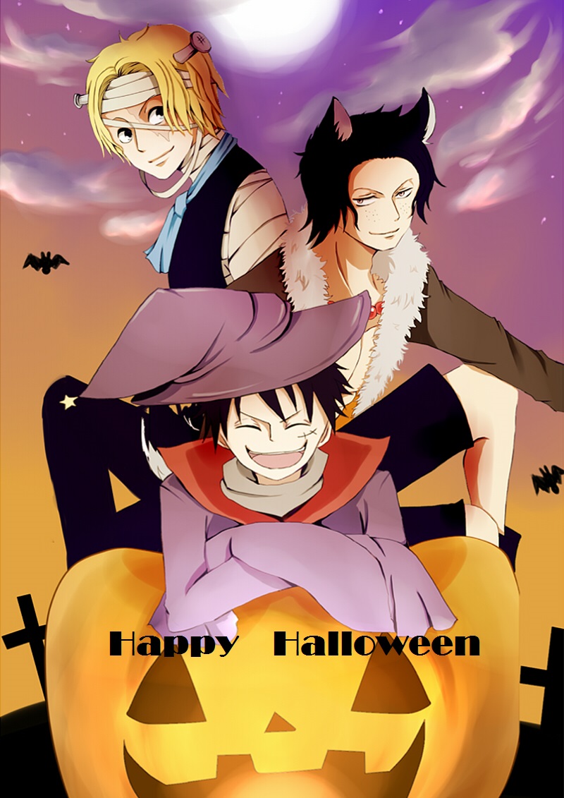 3boys, animal_ears, brothers, frankenstein's_monster, frankenstein;_or,_the_modern_prometheus, halloween, hat, male_focus, monkey_d_luffy, moon, multiple_boys, one_piece, portgas_d_ace, pumpkin, rokka, sabo_(one_piece), siblings, smile, trio, witch_hat, wolf_ears