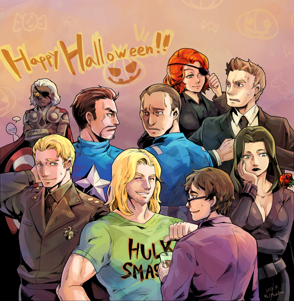 6+boys, avengers, black_hair, black_widow, black_widow_(cosplay), blonde_hair, breasts, bruce_banner