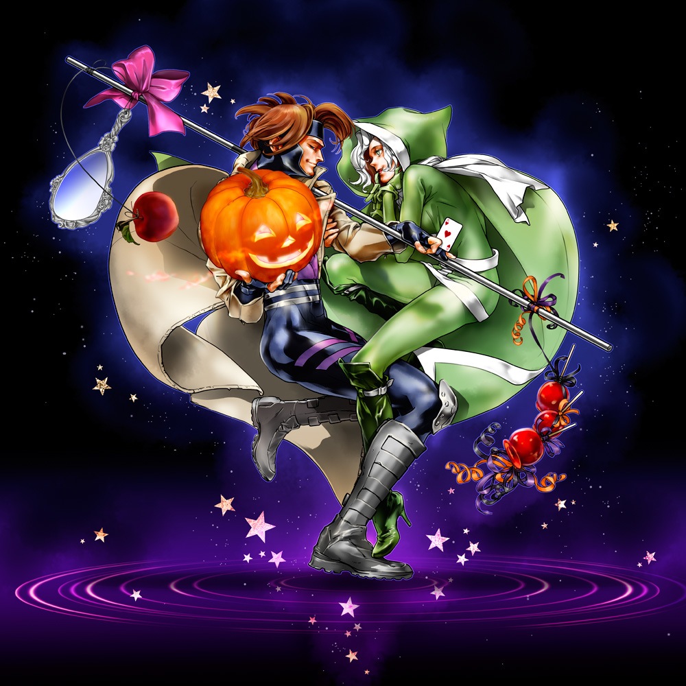 1boy, 1girl, apple, caramel_apple, card, food, fruit, gambit