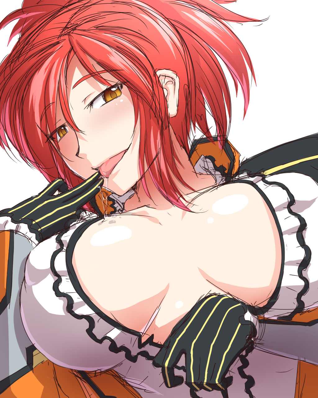 1girl, azanami_(pso2), black_gloves, breasts, brown_eyes, dress, erect_nipples, female