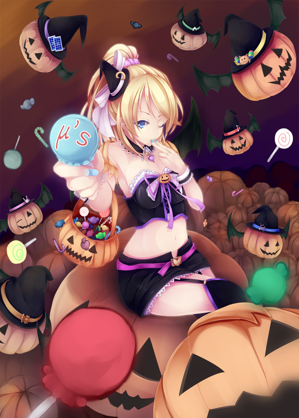 1girl, ayase_eli, blonde_hair, blue_eyes, breasts, female, halloween, long_hair, love_live!_school_idol_project, navel, ponytail, sawa_(sawano_yuushi), solo