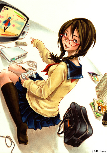 brown_eyes, brown_hair, controller, game_controller, gamepad, girls_playing_games, glasses, kneeling