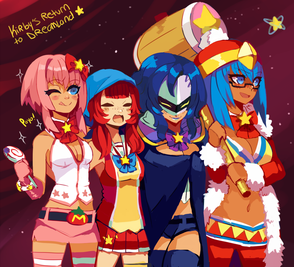 4girls, bandana_dee, bandanna, blue_eyes, blue_hair, breasts, candy, cape