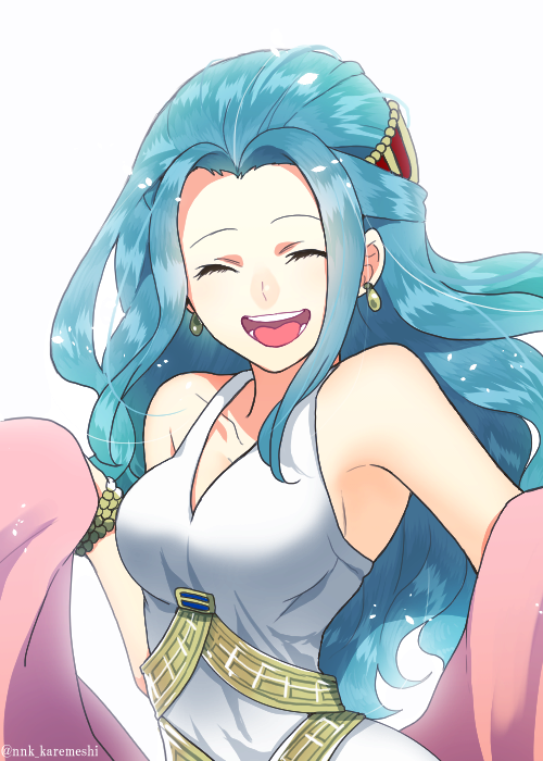 1girl, alabasta, armpits, bare_shoulders, blue_hair, bracelet, breasts, circlet, curry_gohan, dress, earrings, jewelry, long_hair, nefertari_vivi, one_piece, open_mouth, princess, smile, solo