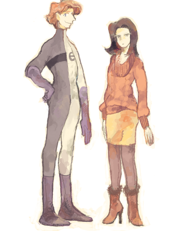 1boy, 1girl, black_legwear, bodysuit, boots, brown_hair, couple, dc_comics, elongated_man, high_heel_boots, high_heels, jewelry, necklace, pantyhose, ralph_dibny, rubber, skirt, standing, sue_dibny, sweater