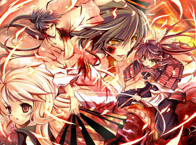 blonde_hair, blood, brown_eyes, brown_hair, chinese_clothes, fan, long_hair, samurai
