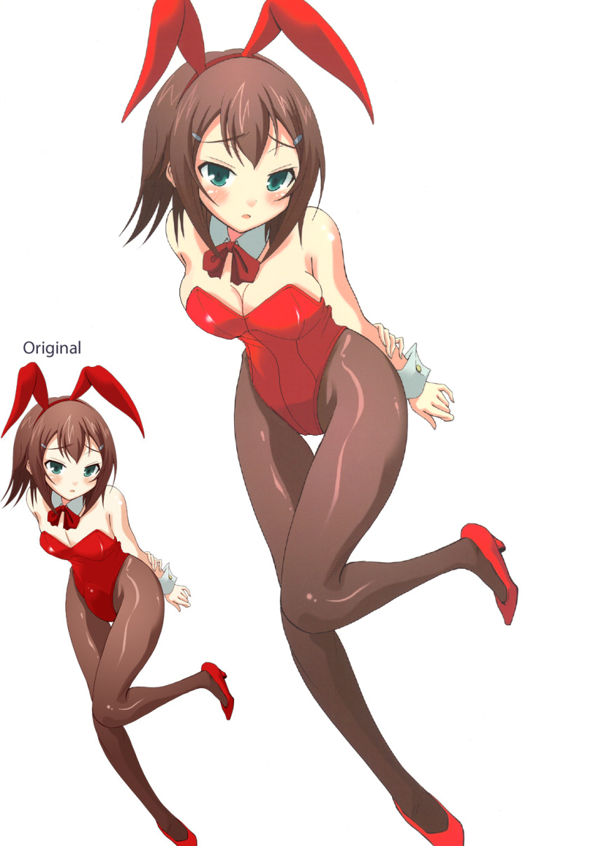 1boy, animal_ears, baka_to_test_to_shoukanjuu, barrettes, blush, bow, bowtie, breasts, brown_hair, bunny_girl, bunny_tail, bunnysuit, cleavage, collar, comparison, cuffs, genderswap, green_eyes, hair_ornament, hairclip, kinoshita_hideyoshi, open_mouth, pantyhose, photoshop, rabbit_ears, red_shoes, shoes, short_hair, solo, standing, tail, trap