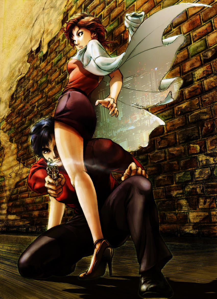 1boy, 1girl, absurdres, between_legs, black_eyes, black_hair, breasts, brown_eyes, brown_hair, city_hunter, cityscape, from_behind, from_below, full_body, gun, handgun, high_heels, highres, jacket, kneeling, legs, looking_at_viewer, looking_back, looking_down, makimura_kaori, pants, revolver, saeba_ryou, scenery, shadow, shirt, shoes, short_hair, skirt, standing, uirina, wall, weapon