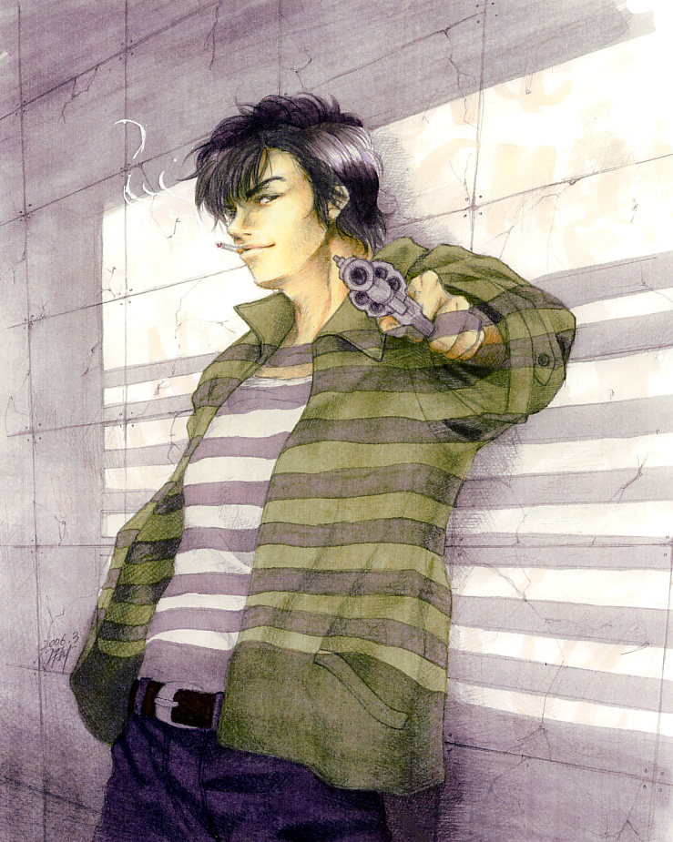 00s, 1boy, 2006, 80s, belt, black_eyes, black_hair, cigarette