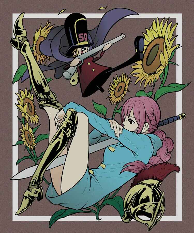 1boy, 1girl, amputee, armor, braid, dressrosa, family, father_and_daughter, flower, gun, headwear_removed, helmet, kyros, one_piece, pink_hair, princess, rebecca_(one_piece), sunflower, sword, toy, weapon