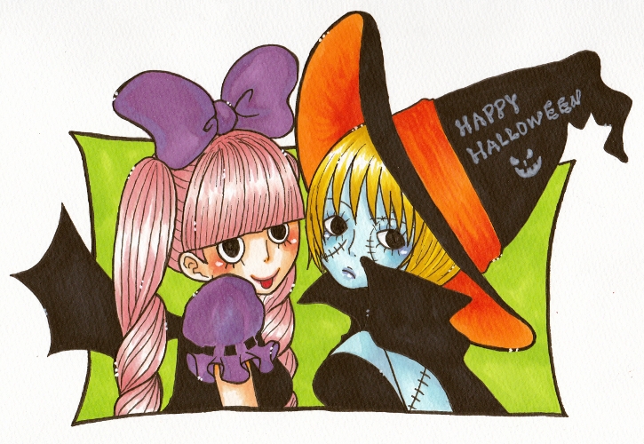 2girls, bangs, bat_wings, blonde_hair, bow, cape, halloween, hat