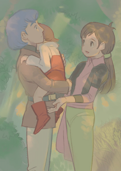 1boy, 2girls, ashura_novak, blue_hair, brown_hair, carrying, child, densetsu_kyojin_ideon