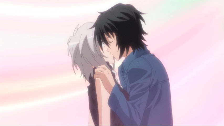 1boy, 1girl, animated, animated_gif, homura_(sekirei), kiss, red_eyes, sahashi_minato
