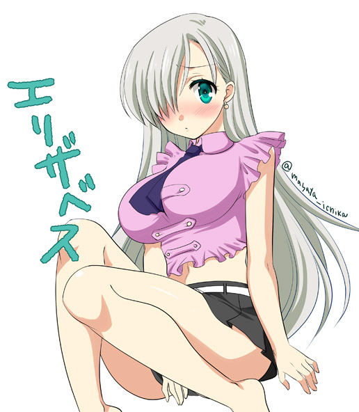 1girl, blush, breasts, covering, elizabeth_liones, female, large_breasts, masaya_ichika, nanatsu_no_taizai, skirt, solo