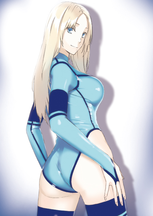 1girl, ass, blonde_hair, breasts, hand_on_hips, large_breasts, leotard, looking_back