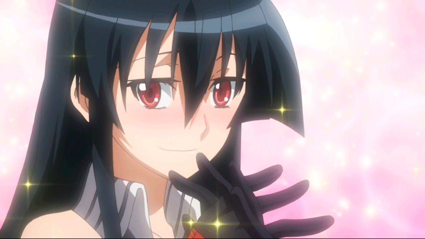 1girl, akame, akame_ga_kill!, animated, animated_gif, bare_shoulders, black_hair, blush