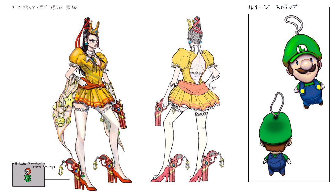 alternate_costume, bayonetta, bayonetta_(character), luigi, nintendo, official_art, princess_daisy, princess_daisy_(cosplay)
