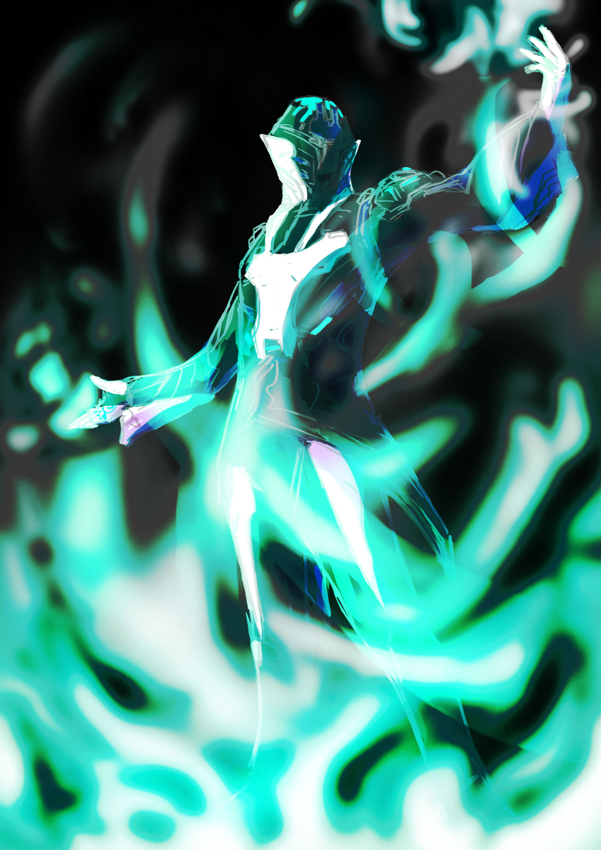 1boy, abstract, blue_fire, bodysuit, fire, gloves, glowing, highres
