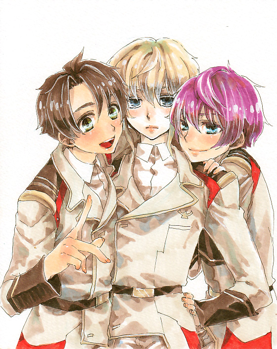 3boys, blonde_hair, blush, brown_hair, buddy_complex, closed_eyes, flower, fromm_vantarhei