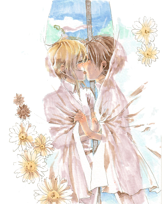 2boys, blonde_hair, blue_sky, brown_hair, buddy_complex, closed_eyes, curtains, flower