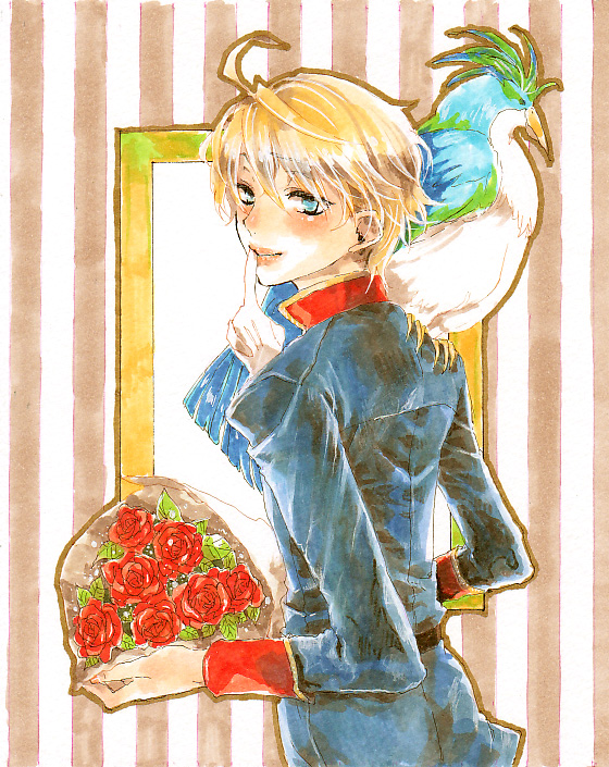 1boy, ahoge, aldnoah.zero, bird, blush, child, flower, male_focus