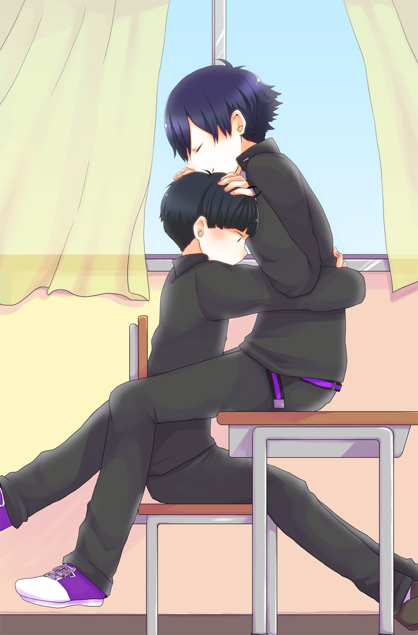 2boys, blue_sky, blush, chair, child, curtains, desk, gakuran, hug, indoors, male_focus, motw1130, multiple_boys, pants, school_uniform, shoes, short_hair, sitting, sky, table, window, yaoi