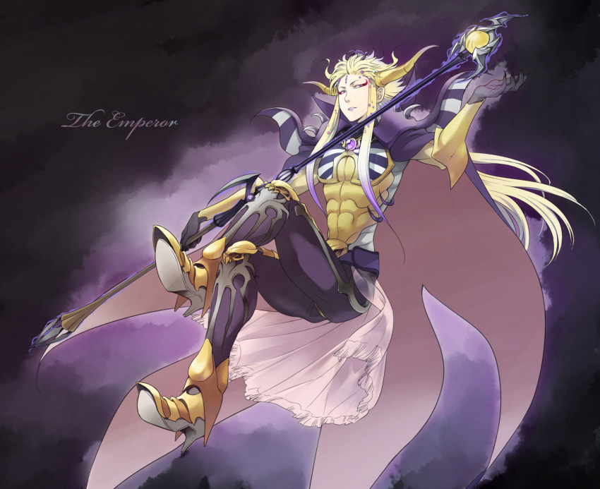 1boy, armor, blonde_hair, cape, emperor_(ff2), emperor_mateus, final_fantasy, final_fantasy_ii, highres, horns, solo, staff, ttk_(ehohmaki)
