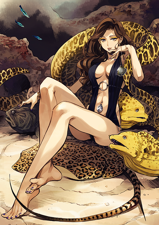 1girl, animal, bangs, barefoot, breasts, brown_hair, center_opening, cleavage