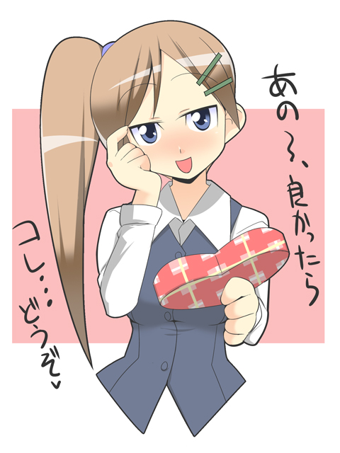 bamboo_blade, blue_eyes, blush, brown_hair, hair_ornament, hairclip, holding, holding_gift