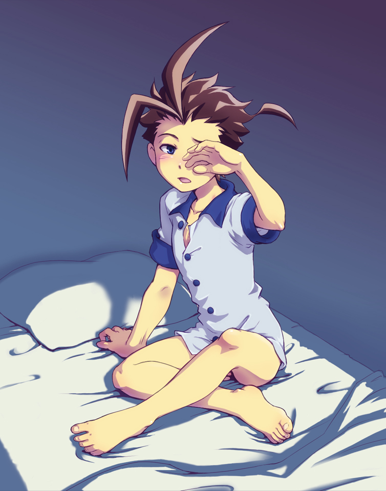 1boy, ahoge, bare_legs, barefoot, battle_spirits, battle_spirits:_heroes, bed, blue_eyes, blush, brown_hair, child, feet, hinobori_hajime, legs, male_focus, sitting, solo, tepra, toes