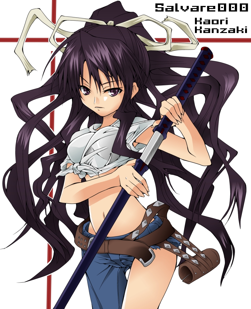 bad_id, belt, breasts, hair_ribbon, kanzaki_kaori, long_hair, midriff, navel