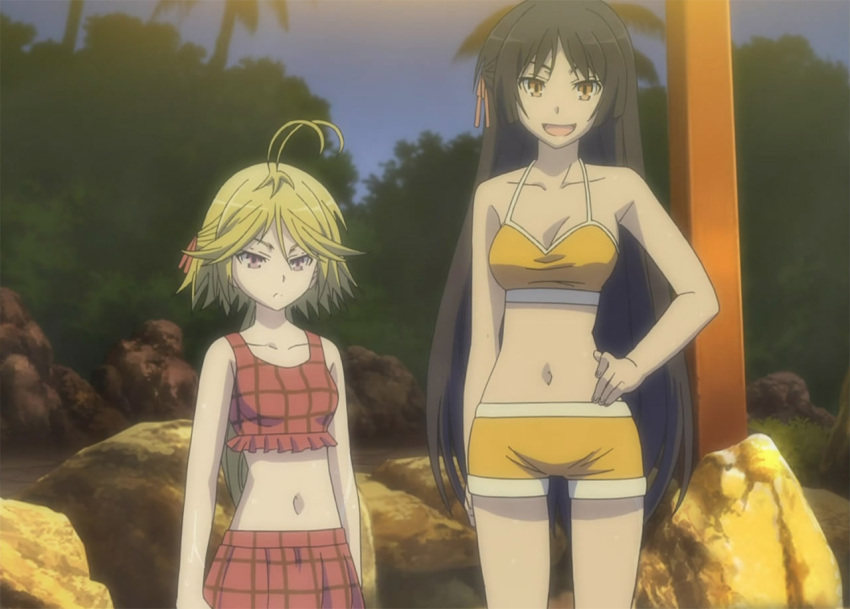 2girls, black_hair, blonde_hair, fudou_akio_(trinity_seven), long_hair, multiple_girls, screencap, short_hair, swimsuit, trinity_seven, violet_eyes, yamana_mira, yellow_eyes