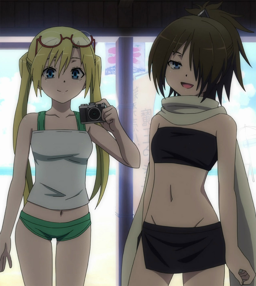 2girls, bandeau, bandeau_bikini, beach, bikini, bikini_skirt, blonde_hair, blue_eyes