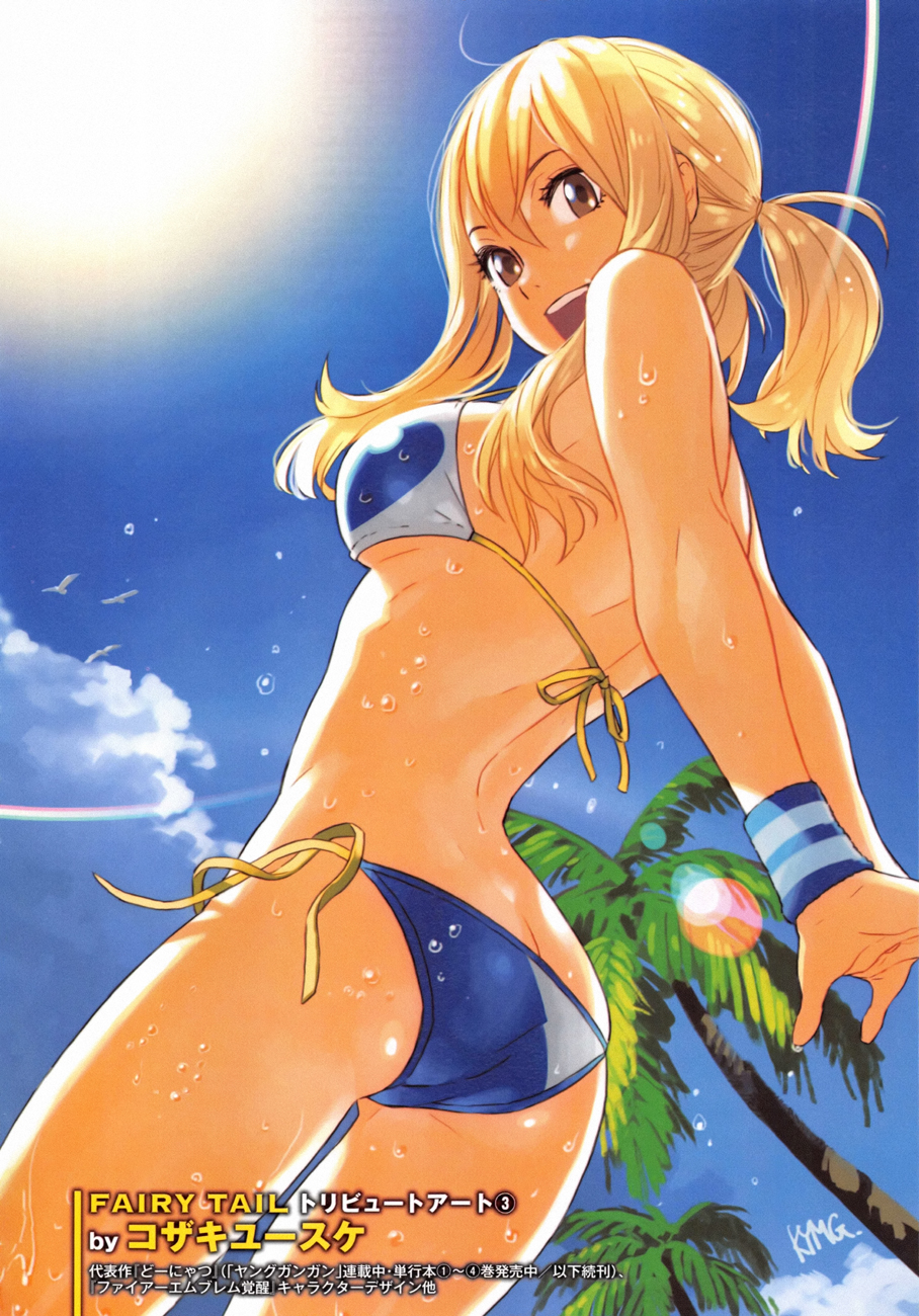 1girl, arms_behind_back, ass, back, bikini, bird, blonde_hair, blue_sky