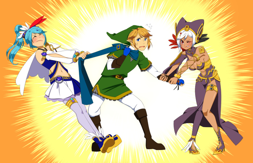1boy, 2girls, artofthelion, blonde_hair, blue_eyes, blue_hair, boots, breasts