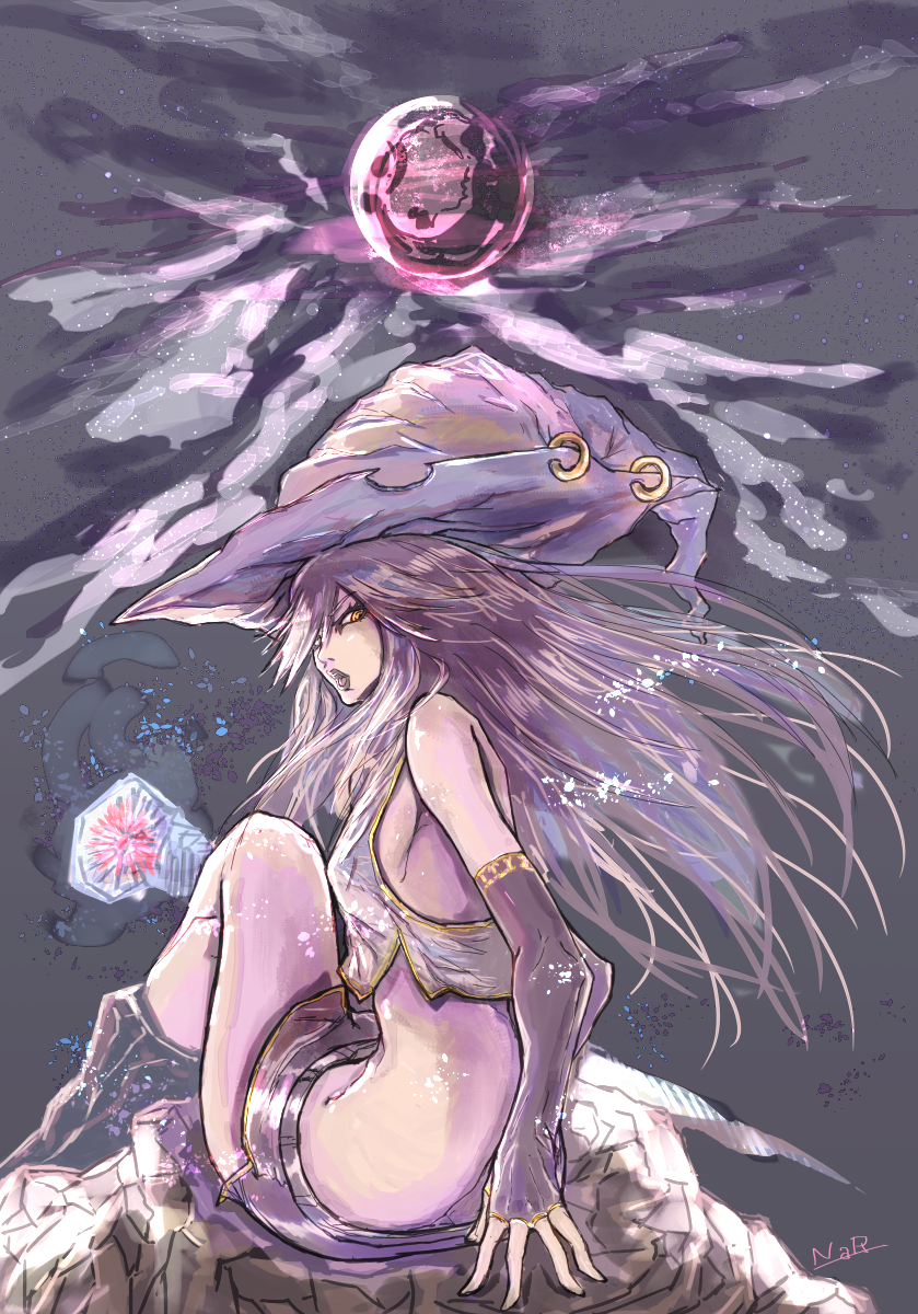 1girl, back, female, from_behind, full_moon, halloween, hat, lipstick