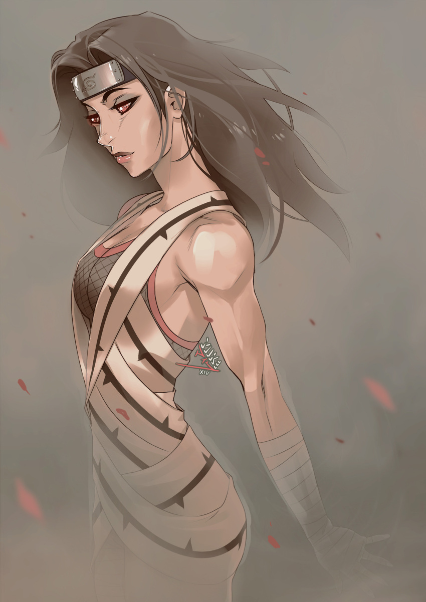 1girl, bandage, bare_shoulders, black_hair, breasts, fishnets, forehead_protector, grey_background, highres, long_hair, mike_nesbitt, naruto, solo, toned, vashperado, yuuhi_kurenai