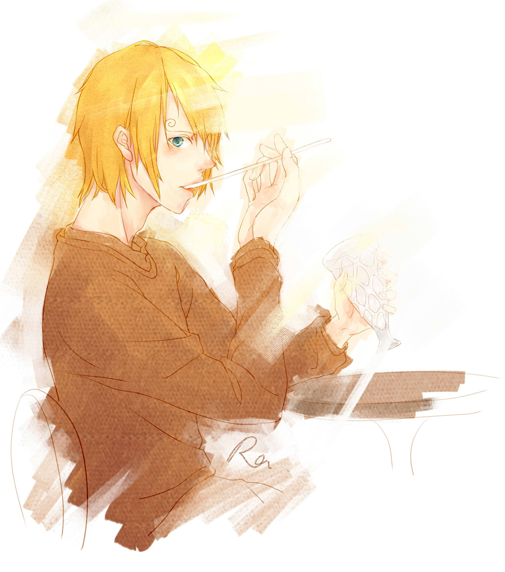 1boy, blonde_hair, blue_eyes, chair, eating, food, glass, hair_over_one_eye, male_focus, one_piece, rany, sanji, sitting, solo, table