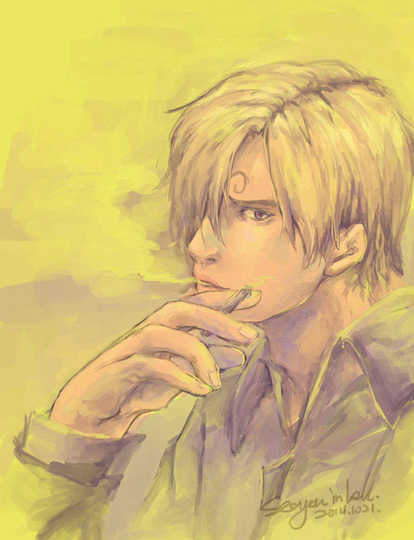 10s, 1boy, 2014, blonde_hair, cigarette, hair_over_one_eye, male_focus, one_piece