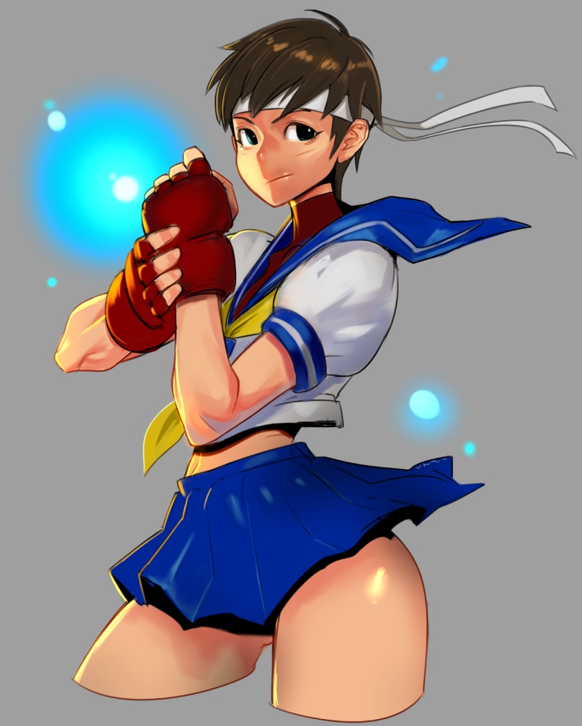 1girl, brown_hair, clenched_hand, fingerless_gloves, gloves, headband, jintetsu, kasugano_sakura
