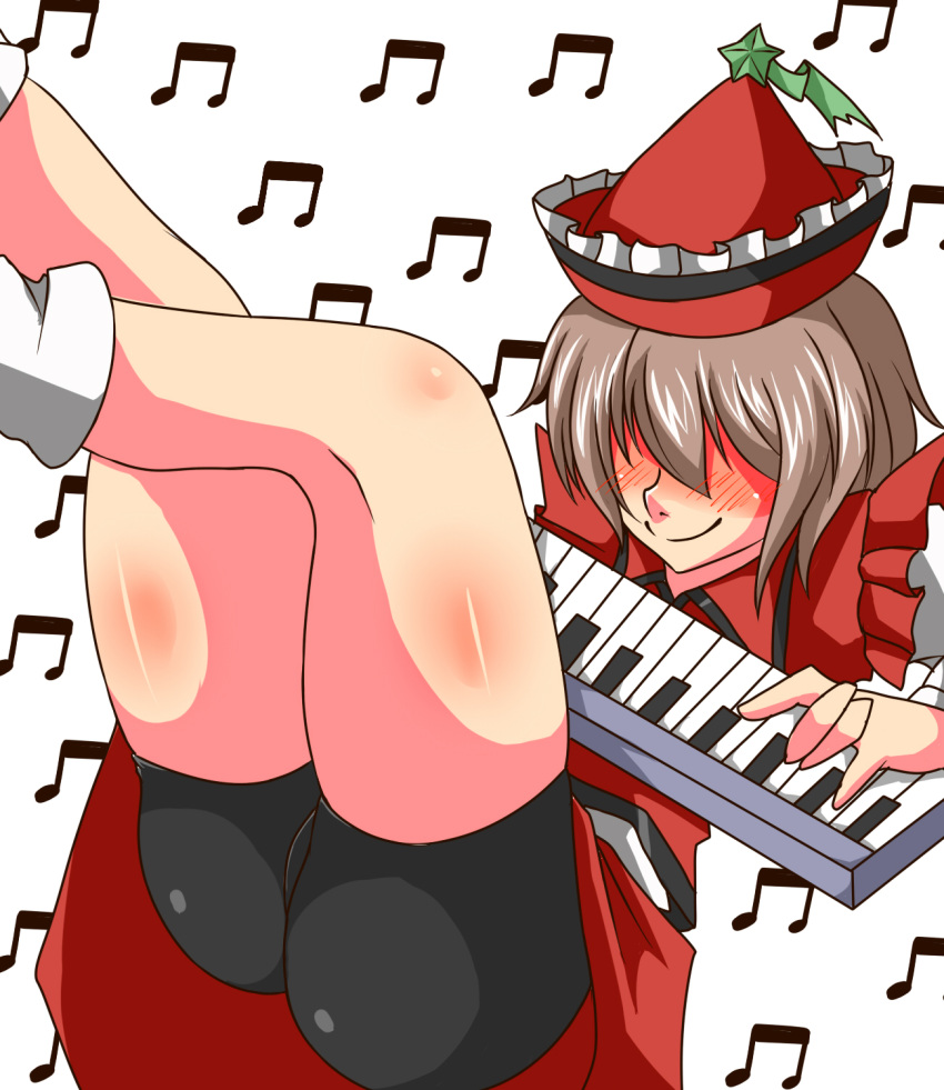 1girl, ass, bike_shorts, blush, brown_hair, full-face_blush, hat, keyboard