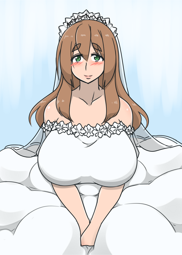 1girl, bare_shoulders, blush, breasts, bride, brown_hair, female, green_eyes