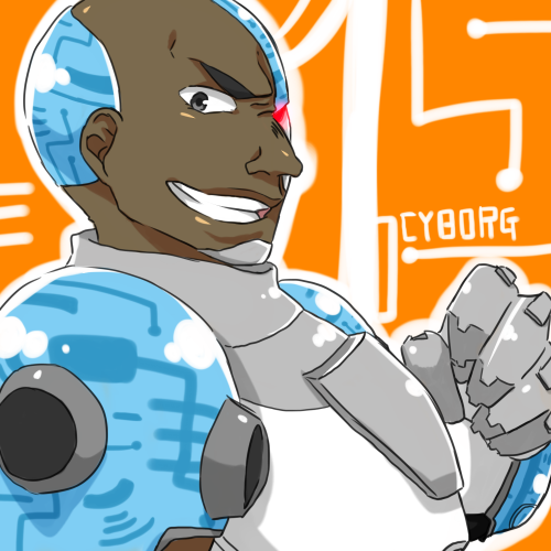1boy, bald, brown_eyes, cartoon_network, character_name, cyborg, cyborg_(dc), dark_skin