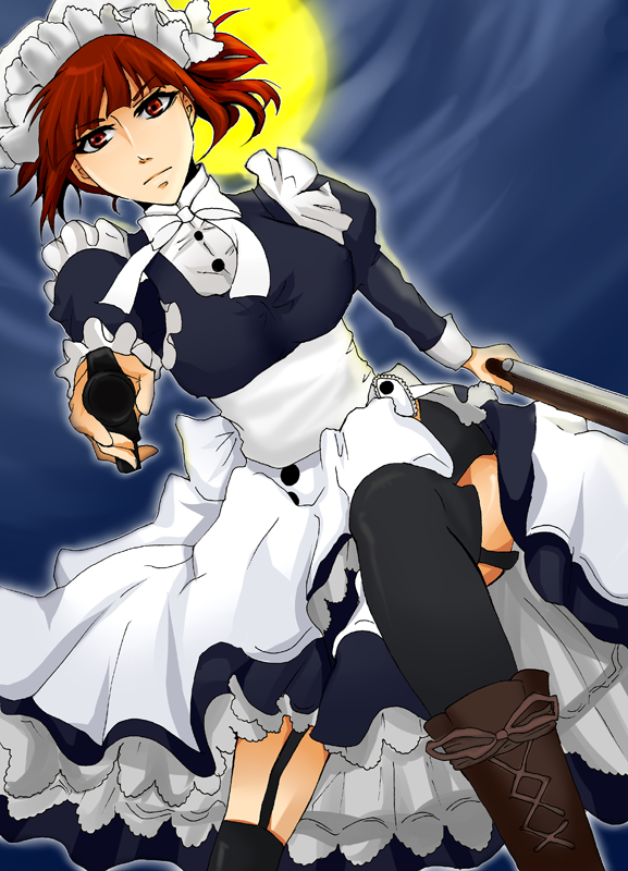1girl, apron, boots, cross-laced_footwear, dress, dual_wielding, garters, gun