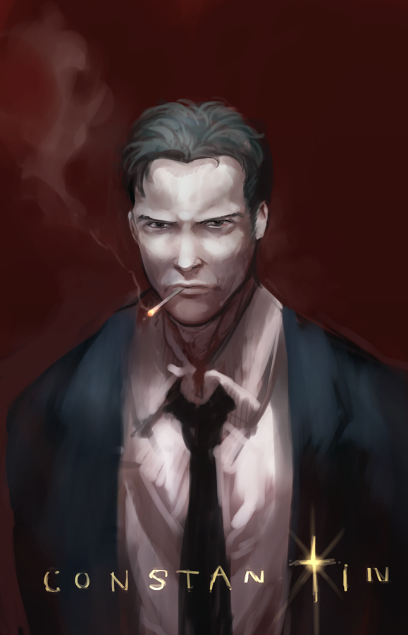 1boy, black_necktie, character_name, cigarette, dc_comics, frown, hellblazer, john_constantine, necktie, smoking, solo, tetu